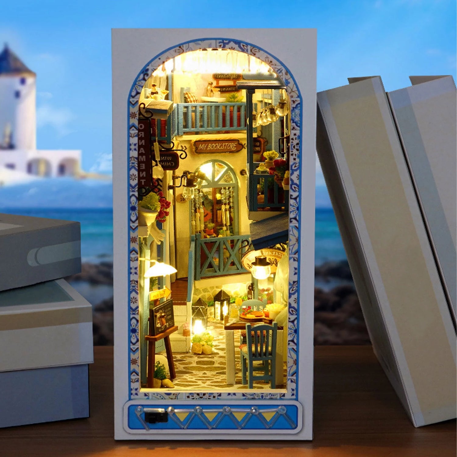 DIY Book Nook Kit,3D Wooden Miniature House Kit for Book Nook Shelf Insert Decor,Booknook DIY Kit with Sensor Light,Book Nook Kits for Adults Kids,20.5X15.9X9.2Cm